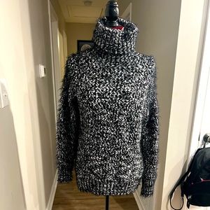 POL Black and White Fuzzy Turtleneck Sweater